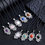 Buddha Stones Natural Black Obsidian Hamsa Palm Inlay Crystal Strength Necklace