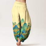 Buddha Stones Pure Cotton Blue Green Mountain Landscape Pattern Women's Elastic Waist Harem Pants