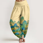 Buddha Stones Pure Cotton Blue Green Mountain Landscape Pattern Women's Elastic Waist Harem Pants