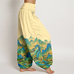 Buddha Stones Pure Cotton Blue Green Mountain Landscape Pattern Women's Elastic Waist Harem Pants