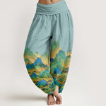 Buddha Stones Pure Cotton Blue Green Mountain Landscape Pattern Women's Elastic Waist Harem Pants