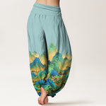Buddha Stones Pure Cotton Blue Green Mountain Landscape Pattern Women's Elastic Waist Harem Pants