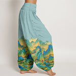 Buddha Stones Pure Cotton Blue Green Mountain Landscape Pattern Women's Elastic Waist Harem Pants