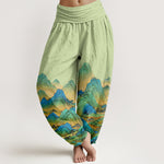 Buddha Stones Pure Cotton Blue Green Mountain Landscape Pattern Women's Elastic Waist Harem Pants