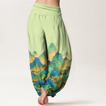 Buddha Stones Pure Cotton Blue Green Mountain Landscape Pattern Women's Elastic Waist Harem Pants