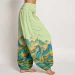 Buddha Stones Pure Cotton Blue Green Mountain Landscape Pattern Women's Elastic Waist Harem Pants