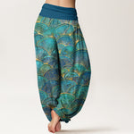 Buddha Stones Pure Cotton Turquoise Fan Pattern Women's Elastic Waist Harem Pants