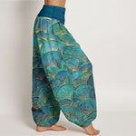 Buddha Stones Pure Cotton Turquoise Fan Pattern Women's Elastic Waist Harem Pants