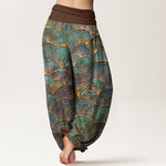 Buddha Stones Pure Cotton Turquoise Fan Pattern Women's Elastic Waist Harem Pants