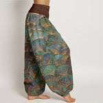 Buddha Stones Pure Cotton Turquoise Fan Pattern Women's Elastic Waist Harem Pants