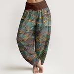 Buddha Stones Pure Cotton Turquoise Fan Pattern Women's Elastic Waist Harem Pants