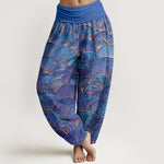 Buddha Stones Pure Cotton Turquoise Fan Pattern Women's Elastic Waist Harem Pants