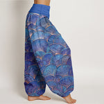 Buddha Stones Pure Cotton Turquoise Fan Pattern Women's Elastic Waist Harem Pants
