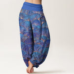Buddha Stones Pure Cotton Turquoise Fan Pattern Women's Elastic Waist Harem Pants