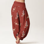 Buddha Stones Pure Cotton Boho Paisley Floral Pattern Women's Elastic Waist Harem Pants