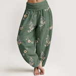 Buddha Stones Pure Cotton Boho Paisley Floral Pattern Women's Elastic Waist Harem Pants