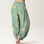 Buddha Stones Cotton Yellow Lotus Scatter Pattern Women's Elastic Waist Harem Pants