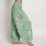 Buddha Stones Cotton Yellow Lotus Scatter Pattern Women's Elastic Waist Harem Pants