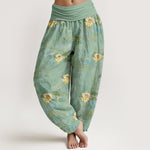 Buddha Stones Cotton Yellow Lotus Scatter Pattern Women's Elastic Waist Harem Pants