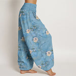 Buddha Stones Cotton Yellow Lotus Scatter Pattern Women's Elastic Waist Harem Pants
