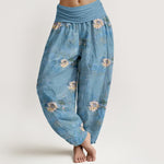 Buddha Stones Cotton Yellow Lotus Scatter Pattern Women's Elastic Waist Harem Pants