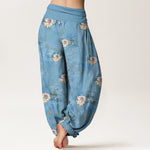 Buddha Stones Cotton Yellow Lotus Scatter Pattern Women's Elastic Waist Harem Pants