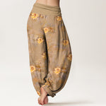 Buddha Stones Cotton Yellow Lotus Scatter Pattern Women's Elastic Waist Harem Pants