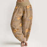 Buddha Stones Cotton Yellow Lotus Scatter Pattern Women's Elastic Waist Harem Pants