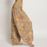 Buddha Stones Cotton Yellow Lotus Scatter Pattern Women's Elastic Waist Harem Pants