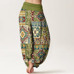 Buddha Stones Cotton Olive Mosaic Tile Pattern Women's Elastic Waist Harem Pants
