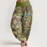 Buddha Stones Cotton Olive Mosaic Tile Pattern Women's Elastic Waist Harem Pants