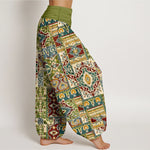 Buddha Stones Cotton Olive Mosaic Tile Pattern Women's Elastic Waist Harem Pants