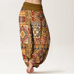 Buddha Stones Cotton Olive Mosaic Tile Pattern Women's Elastic Waist Harem Pants