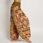 Buddha Stones Cotton Olive Mosaic Tile Pattern Women's Elastic Waist Harem Pants