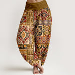 Buddha Stones Cotton Olive Mosaic Tile Pattern Women's Elastic Waist Harem Pants
