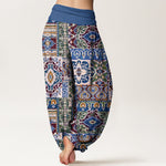 Buddha Stones Cotton Olive Mosaic Tile Pattern Women's Elastic Waist Harem Pants