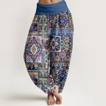 Buddha Stones Cotton Olive Mosaic Tile Pattern Women's Elastic Waist Harem Pants