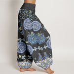 Buddha Stones Cotton Indigo Medallion Dragon Pattern Women's Elastic Waist Harem Pants