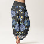Buddha Stones Cotton Indigo Medallion Dragon Pattern Women's Elastic Waist Harem Pants