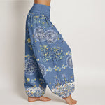 Buddha Stones Cotton Indigo Medallion Dragon Pattern Women's Elastic Waist Harem Pants
