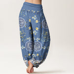 Buddha Stones Cotton Indigo Medallion Dragon Pattern Women's Elastic Waist Harem Pants