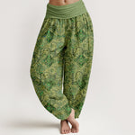 Buddha Stones Pure Cotton Olive Boho Floral Diamond Pattern Women's Elastic Waist Harem Pants