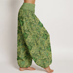 Buddha Stones Pure Cotton Olive Boho Floral Diamond Pattern Women's Elastic Waist Harem Pants