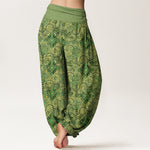 Buddha Stones Pure Cotton Olive Boho Floral Diamond Pattern Women's Elastic Waist Harem Pants