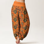 Buddha Stones Pure Cotton Olive Boho Floral Diamond Pattern Women's Elastic Waist Harem Pants