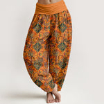 Buddha Stones Pure Cotton Olive Boho Floral Diamond Pattern Women's Elastic Waist Harem Pants