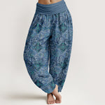 Buddha Stones Pure Cotton Olive Boho Floral Diamond Pattern Women's Elastic Waist Harem Pants