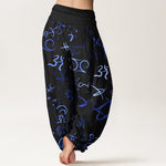 Buddha Stones Pure Cotton Blue OM Symbol Pattern Women's Elastic Waist Harem Pants