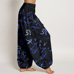 Buddha Stones Pure Cotton Blue OM Symbol Pattern Women's Elastic Waist Harem Pants