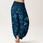 Buddha Stones Pure Cotton Blue OM Symbol Pattern Women's Elastic Waist Harem Pants